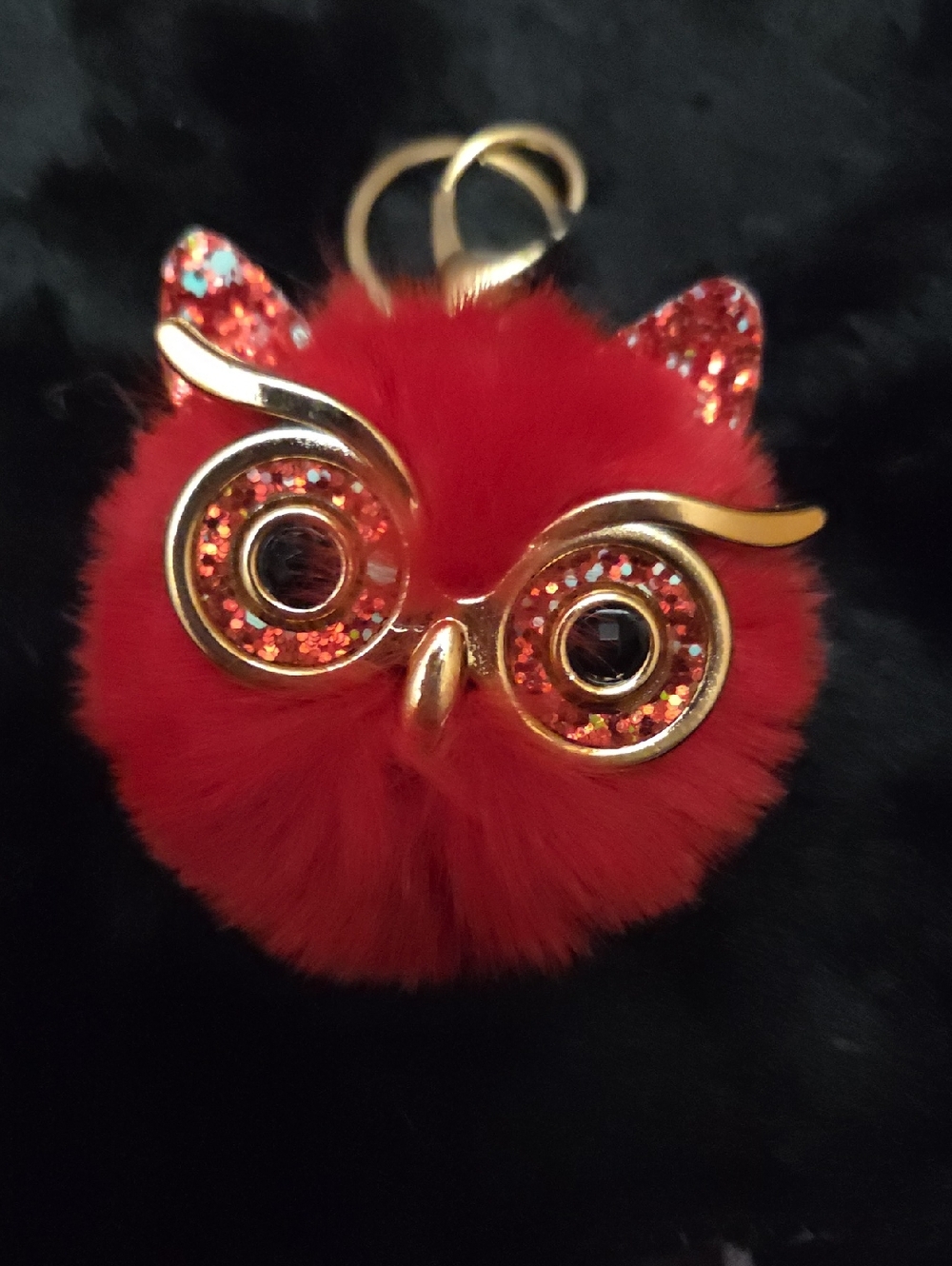 Owl Red Faux Fur Owl Keychain with Gold-Tone Accents